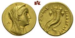 AEGYPTUS Ptolemaios II., 285-246 v. Chr. für Arsinoë II. AV-Oktodrachme (Mnaion), 253/246 v. Chr., Alexandria; 27.66 g. Kopf r. mit Diadem und Schleier, dahinter //Doppelfüllhorn mit Taenie. SNG Cop. 