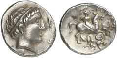 TETRADRACHMEN DES HELLENISMUS DIE SAMMLUNG DIETER GRUNOW, BERLIN KELTEN PANNONIA AR-Tetradrachme, Typ Patraos, 3. Jahrhundert v. Chr.; 8,75 g. Apollokopf r. mit Lorbeerkranz//Reiter r. ersticht gestür