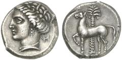 TETRADRACHMEN DES HELLENISMUS DIE SAMMLUNG DIETER GRUNOW, BERLIN GRIECHEN SICILIA PUNIER AR-Tetradrachme, 350/320 v. Chr., Lagermünzstätte; 17,20 g. Korekopf l.//Pferd steht l., dahinter Palme. Jenkin