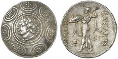 TETRADRACHMEN DES HELLENISMUS DIE SAMMLUNG DIETER GRUNOW, BERLIN GRIECHEN MACEDONIA KÖNIGREICH Antigonos Gonatas, 277-239 v. Chr. AR-Tetradrachme; 16,96 g. Kopf des Pan l. auf makedonischem Schild//At