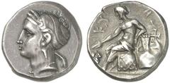 TETRADRACHMEN DES HELLENISMUS DIE SAMMLUNG DIETER GRUNOW, BERLIN GRIECHEN MYSIA KYZIKOS AR-Tetradrachme, 4. Jahrhundert v. Chr.; 13,18 g. Kopf der Kore Soteira l. mit Ährenkranz//Apollo sitzt l. auf O