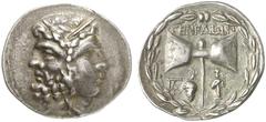 TETRADRACHMEN DES HELLENISMUS DIE SAMMLUNG DIETER GRUNOW, BERLIN GRIECHEN TROAS TENEDOS AR-Tetradrachme, nach 189 v. Chr.; 16,69 g. Janusförmiger Kopf (Frauenkopf mit Stephane l., bärtiger Männerkopf 