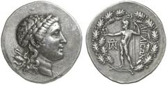 TETRADRACHMEN DES HELLENISMUS DIE SAMMLUNG DIETER GRUNOW, BERLIN GRIECHEN AEOLIS AIGAI AR-Tetradrachme, nach 190 v. Chr.; 16,67 g. Apollokopf r. mit Lorbeerkranz, über der Schulter Bogen und Köcher//I