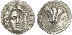 TETRADRACHMEN DES HELLENISMUS DIE SAMMLUNG DIETER GRUNOW, BERLIN GRIECHEN CARIA RHODOS AR-Tetradrachme, 230/205 v. Chr., Magistrat Aristokritos; 13,61 g. Helioskopf fast v. v.//Rose, l. Aphlaston. Ash