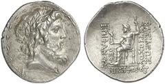 TETRADRACHMEN DES HELLENISMUS DIE SAMMLUNG DIETER GRUNOW, BERLIN GRIECHEN SYRIA KÖNIGREICH Antiochos IV., 175-164 v. Chr. AR-Tetradrachme, 168 v. Chr., Antiochia; 16,70 g. Zeuskopf r. mit Lorbeerkranz