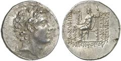 TETRADRACHMEN DES HELLENISMUS DIE SAMMLUNG DIETER GRUNOW, BERLIN GRIECHEN SYRIA KÖNIGREICH Antiochos IV., 175-164 v. Chr. AR-Tetradrachme, 168/164 v. Chr., Antiochia; 16,51 g. Kopf r. mit Diadem//Zeus
