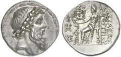 TETRADRACHMEN DES HELLENISMUS DIE SAMMLUNG DIETER GRUNOW, BERLIN GRIECHEN SYRIA KÖNIGREICH Demetrios II., 2. Regierung, 129-125 v. Chr. AR-Tetradrachme, um 128 v. Chr., Tarsos; 16,35 g. Kopf r. mit Di