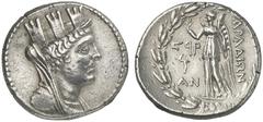 TETRADRACHMEN DES HELLENISMUS DIE SAMMLUNG DIETER GRUNOW, BERLIN GRIECHEN PHOENICIA ARADOS AR-Tetradrachme, Jahr 196 (= 64/63 v. Chr.); 15,24 g. Verschleierte Tychebüste r. mit Mauerkrone//In Kranz: N