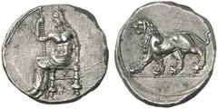 TETRADRACHMEN DES HELLENISMUS DIE SAMMLUNG DIETER GRUNOW, BERLIN GRIECHEN BABYLONIA BABYLON. AR-Tetradrachme, 322/312 v. Chr.; 16,40 g. Baal sitzt l. mit Zepter//Löwe l. Mitchiner, Indogreek 7 a; Nico