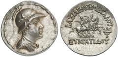 TETRADRACHMEN DES HELLENISMUS DIE SAMMLUNG DIETER GRUNOW, BERLIN GRIECHEN BACTRIA Eukratides I., 170-155 v. Chr. AR-attische Tetradrachme, Pushkalavati; 16,86 g. Drapierte Büste r. mit Helm//Dioskuren