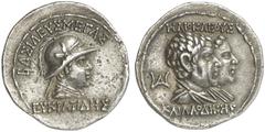 TETRADRACHMEN DES HELLENISMUS DIE SAMMLUNG DIETER GRUNOW, BERLIN GRIECHEN BACTRIA Eukratides I., 170-155 v. Chr. - Memorialprägung für Heliokles und Laodike. AR-attische Tetradrachme, Balkh; 16,30 g. 