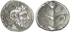 TETRADRACHMEN DES HELLENISMUS DIE SAMMLUNG DIETER GRUNOW, BERLIN GRIECHEN CYRENAICA KYRENE. Magas, 308-277 v. Chr. AR-Tetradrachme; 15,00 g. Karneioskopf r.//Silphionstaude, r. Füllhorn. BMC 225; SNG 
