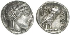 MÜNZEN AUS DER WELT DER ANTIKE GRIECHISCHE MÜNZEN ATTICA ATHEN AR-Tetradrachme, um 420/405 v. Chr.; 17,07 g. Athenakopf r. mit attischem Helm//In Incusum: Eule r., dahinter Olivenzweig und Mondsichel.