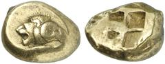 MÜNZEN AUS DER WELT DER ANTIKE GRIECHISCHE MÜNZEN MYSIA KYZIKOS El-Stater, 550/500 v. Chr.; 16,05 g. Vereinter Löwen- und Widderkopf, unten Thunfisch//Viergeteiltes Incusum. SNG France ­, vergl. 190 (