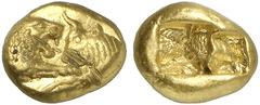 MÜNZEN AUS DER WELT DER ANTIKE GRIECHISCHE MÜNZEN LYDIA Kroisos, 561-546 v. Chr. AV-1/3 Stater (schwerer Standard), Sardeis; 3,58 g. Löwen- und Stierprotome einander gegenüber//Zwei Incusa. SNG v. Aul