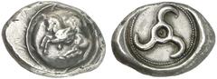 MÜNZEN AUS DER WELT DER ANTIKE GRIECHISCHE MÜNZEN LYCIA Khinakha (?). AR-Stater, 460/440 v. Chr.; 9,82 g. Pegasus l. auf Rundschild, darunter Kugel//In Incusum: Triskelis in Perlkreis. SNG v. Aulock 4