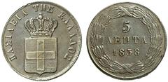 EUROPÄISCHE MÜNZEN UND MEDAILLEN GRIECHENLAND Otto I., 1832-1862. Ku.-5 Lepta 1838, Athen. Divo 21 e; Karamitsos 59. Sehr schön