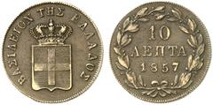 EUROPÄISCHE MÜNZEN UND MEDAILLEN GRIECHENLAND Otto I., 1832-1862. Ku.-10 Lepta 1857, Athen. Divo 20 g; Karamitsos 86. Sehr schön