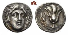 CARIA RHODOS. AR-Didrachme, 230/205 v. Chr.; Magistrat Ameinias; 6,19 g. Helioskopf fast v. v.//Rose, l. Prora. SNG Keckman 543. Ashton, The Coinage of Rhodes 217; Sehr schön Exemplar der Auktion Frit