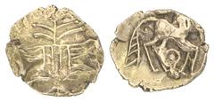 KELTISCHE MÜNZEN EINE BEDEUTENDE SPEZIALSAMMLUNG BRITANNIA ICENI (Nordostengland) AV-1/4 Stater, 45/40 v. Chr.; 1,05 g. Miteinander verwobene Kränze//Pferd r., darüber lächendes Gesicht (auf diesem Ex