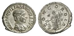 RÖMISCHE MÜNZEN MÜNZEN DER RÖMISCHEN KAISERZEIT Antoninus IV. Elagabal, 218-222. - für Aquilia Severa. AR-Denar, 220/222, Rom; 2,87 g. Drapierte Büste r.//Concordia steht l. mit Patera und Doppelfüllh