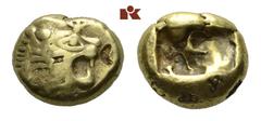 LYDIA Alyattes, 610-561 v. Chr. El-1/3 Stater, 610/561 v. Chr., Sardeis; 4.70 g. Löwenkopf r.//Incusum. SNG v. Aulock 2868; Waggoner, Rosen Coll. 656; Weidauer vergl. 67 ff. Prüfpunzen, sehr schön Mit