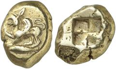 GRIECHISCHE MÜNZEN MYSIA KYZIKOS El-Stater, 500/450 v. Chr.; 15,94 g. Greif l. auf Thunfisch//Viergeteiltes Incusum. SNG France 239; v. Fritze 99. RR Sehr schön Exemplar der Auktion Fritz Rudolf Künke