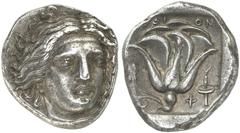 GRIECHISCHE MÜNZEN CARIA RHODOS AR-Tetradrachme, 404/385 v. Chr.; 15,08 g. Helioskopf fast v. v.//Rose, r. Φ und Fackel. Ashton u. a., The Hecatomnus Hoard 75 a (dies Exemplar); Ashton, The Coinage of