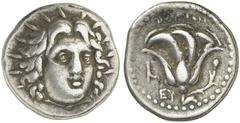 GRIECHISCHE MÜNZEN CARIA RHODOS AR-Didrachme, um 250 v. Chr.; 6,62 g. Helioskopf fast v. v.//Rose, l. Harpa über EY. Ashton, The Coinage of Rhodes 205; SNG Keckman 533. Sehr schön