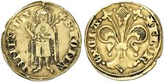 KREUZFAHRER ACHAIA Florent de Hainaut, 1289-1297. Goldgulden nach Florentiner Typ, Clarentza; 3,30 g. Beizeichen: Adlerkopf. +FLOR - EX ChA Lilie//S • IONA - NNES B Johannes der Täufer steht v. v. mit