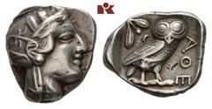 ATTICA ATHEN. AR-Tetradrachme, um 420/405 v. Chr.; 17.05 g. Athenakopf r. mit attischem Helm//In Incusum: Eule r., dahinter Olivenzweig und Mondsichel. Flament Gruppe III. Punze auf dem Revers, sehr s