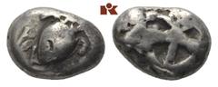 AEGINA AEGINA. AR-Stater, 500/480 v. Chr. 12.31 g. Seeschildkröte//Fünffach geteiltes Incusum. SNG Delepierre vergl. 1688 ff. Prüfpunze und Kratzer auf dem Avers, fast sehr schön