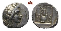 LYCIA OLYMPOS. AR-Drachme, 2./1. Jahrhundert v. Chr.; 3.28 g. Apollokopf r.//Lyra, l. Zweig, r. Trophäe. Troxell 45.7. Prägeschwäche, vorzüglich