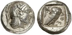 GRIECHISCHE MÜNZEN ATTICA ATHEN. AR-Tetradrachme, um 470/460 v. Chr.; 17,16 g. Athenakopf r. mit attischem Helm//In Incusum: Eule steht r., dahinter Olivenzweig. Starr Gruppe II A. R Leichter Schrötli