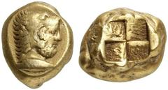 GRIECHISCHE MÜNZEN MYSIA KYZIKOS. El-Stater, 500/450 v. Chr.; 15,90 g. Herakleskopf im Löwenfell r. über Thunfisch//Viergeteiltes Incusum. SNG France 289; v. Fritze 140. RR Sehr schön Bei einem attisc