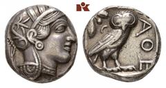 ATHEN. AR-Tetradrachme, um 440/420 v. Chr.; Athenakopf r. mit attischem Helm//In Incusum: Eule r., dahinter Olivenzweig und Mondsichel. Flament Gruppe II. Winz. Kratzer, sehr schön