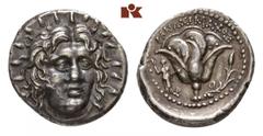 RHODOS. AR-Didrachme, 250/230 v. Chr.; Helioskopf fast v. v.//Rose, l. steht Athena. Ashton, The Coinage of Rhodes 208; SNG Keckman 537. Herrliche Patina, kl. Stempelfehler, fast vorzüglich