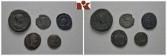 Lot römischer Münzen: Diadumenianus, Sesterz; Gallienus, Antoninian; Macrianus, Antoninian; Maxentius für Divus Romulus, Follis; Constantinus I., Follis. Gering erhalten-fast vorzüglich