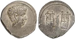 RÖMISCHE MÜNZEN MÜNZEN DER RÖMISCHEN KAISERZEIT Augustus, 30 v.-14 n. Chr. AR-Drachme, 27/20 v. Chr., Masikytes (Lycia); 3,49 g. Kopf r.//Zwei Lyren, dazwischen Aphlaston (im Stempel aus Beizeichen Bo