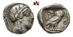 ATHEN. AR-Tetradrachme um 440/420 v. Chr.; 17,17 g. Athenakopf r. mit attischem Helm//In Incusum: Eule r., dahinter Olivenzweig und Mondsichel. Flament Gruppe II. Fast vorzüglich