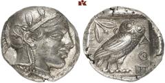 GRIECHISCHE MÜNZEN ATTICA ATHEN AR-Tetradrachme, um 455/450 v. Chr.; 17,18 g. Athenakopf r. mit attischem Helm//In Incusum: Eule steht r., dahinter Olivenzweig. Starr Gruppe V. R Feiner Stil, fast vor