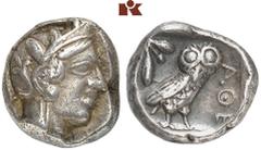 GRIECHISCHE MÜNZEN ATTICA ATHEN AR-Drachme, um 454/404 v. Chr.; 4,28 g. Athenakopf r. mit attischem Helm//In Incusum: Eule r., dahinter Olivenzweig. SNG München vergl. 60 ff. R Feine Tönung, sehr schö