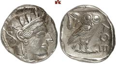 GRIECHISCHE MÜNZEN ATTICA ATHEN AR-Tetradrachme, um 440/420 v. Chr.; 17,06 g. Athenakopf r. mit attischem Helm//In Incusum: Eule r., dahinter Olivenzweig und Mondsichel. Flament Gruppe II. Min. korrod