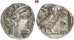 GRIECHISCHE MÜNZEN ATTICA ATHEN AR-Tetradrachme, um 420/405 v. Chr.; 17,17 g. Athenakopf r. mit attischem Helm//In Incusum: Eule r., dahinter Olivenzweig und Mondsichel. Flament Gruppe III. Feine Pati