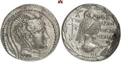GRIECHISCHE MÜNZEN ATTICA ATHEN AR-Tetradrachme, Maimakterion (= November/Dezember) 134 v. Chr.; 16,91 g. Athenakopf r. mit attischem Helm//Im Kranz: Eule auf Amphore mit E v. v., l. Anker und Stern. 