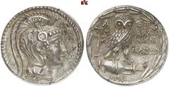 GRIECHISCHE MÜNZEN ATTICA ATHEN AR-Tetradrachme, Elaphebolion (= März/April) 133 v. Chr.; 16,86 g. Athenakopf r. mit attischem Helm//Im Kranz: Eule auf Amphore mit I v. v., l. Anker und Stern. Thompso