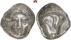 GRIECHISCHE MÜNZEN CARIA RHODOS AR-Tetradrachme, 404/385 v. Chr.; 14,71 g. Helioskopf fast v. v.//Rose, l. Φ, r. Plektron (?). Ash­ton u. a., The Hecatomnus Hoard 166 (dies Exemplar); Ashton, The Coin