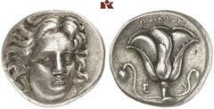 GRIECHISCHE MÜNZEN CARIA RHODOS AR-Didrachme, 305/275 v. Chr.; 6,71 g. Helioskopf fast v. v.//Rose, l. E und Weintraube. Ashton, The Coinage of Rhodes 158; SNG Keckman 454. Sehr schön