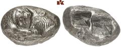 GRIECHISCHE MÜNZEN LYDIA Kroisos, 561-546 v. Chr AR-Stater, Sardeis; 10,61 g. Löwen- und Stierprotome einander gegenüber//Zwei Incusa. SNG v. Aulock 2873. Herrliche Patina, attraktives, sehr schönes E