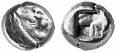 GRIECHISCHE MÜNZEN (GREEK COINS) LYDIA LYDIA Alyattes, 610-561 v. Chr. El-1/12 Stater, Sardeis; 1.18 g. Löwenkopf r.//Incusum. SNG v. Aulock 2872; Waggoner, Rosen Coll 654. Sehr schön Schätzpreis: 200